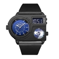 Oulm black sports watch featuring dual-display dial with blue world map accents - Black Case Blue Dial