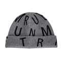 Detailed macro view of grey knit beanie with black woven RUNMTR letters and cuff design - M (56-58cm) / Gray