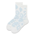 White cotton crew socks with light blue floral silhouette pattern and ribbed cuffs - One Size (EU 35-39) / Blue Floral