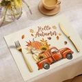 Autumn placemat with pumpkin and squirrel print in cotton linen woven fabric - Hello Autumn Red Truck