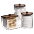 Set of 3 transparent storage jars with wooden lids for cotton pads and swabs - 3pcs Set - 2 Round + 1 Square with Black Wood Lid