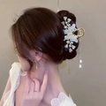 Elegant gold metal butterfly and lily of the valley hair claw clip with pearl tassels - Fat Butterfly Lily Of The Valley
