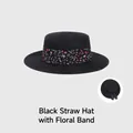 Chapeau de paille noir à sommet plat avec ruban floral sombre pour protection solaire femme - Réglable (54-58cm) / Noir avec ruban noir
