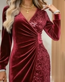 Elegant burgundy velvet V-neck dress with sequin side panels and slim-fit long sleeves - S / Burgundy