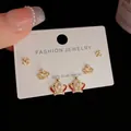 Three-piece Korean crown earring set with S925 silver posts and red enamel detail - Gold-Full Rhinestone Crown Snowflake Set (34#)