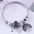Silver tree of life charm bracelet with wire cable strap and crystal beads - Black