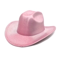 Close-up of pink and silver metallic striped cowboy hat with wide brim and curved edges - M (56-58cm) / Deep Pink
