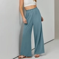 High waist wide leg cotton linen trousers in Morandi blue with elastic pleated waistband - S / Blue