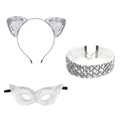 Three-piece silver sequin set with cat ear headband, eye mask, and choker necklace - Headband + Mask + Choker / Silver