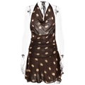 Close-up detail of brown polka dot fabric and ruched design on the halter neck dress - S / Coffee