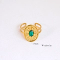 Detail of 14k gold plated ring with green oval gemstone and 17mm size specifications - Oval Green Gemstone Engraved Style