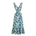 Abito estivo bianco con stampe floreali blu e verdi e dettagli con volant - Blu
