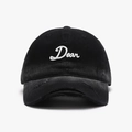 Distressed black cotton baseball cap featuring 3D white embroidery Dear script text - Black