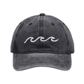Close-up of wave embroidery on washed black cotton denim baseball cap with curved brim - #3 Wave Embroidery (Triple Waves)