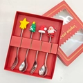 4-piece stainless steel Christmas cutlery set with festive silicone toppers in red gift box - Silver Machine Polished - Spoon & Fork 4pcs Red Box