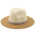 Close-up of two-tone panama hat with woven straw texture and silver rhinestone band - M (56-58cm) / Rice White Crown / Brown Brim