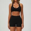 Women's black 2-piece yoga set with V-neck sports bra and high-waist shorts - S / Bra + Shorts / Premium Black