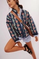Quilted floral jacket in dark blue with orange flowers and stylish brown crossbody bag - Navy Blue Large Floral