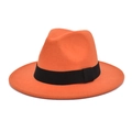Detail view of bright orange wool fedora hat with a classic black ribbon band decoration - M (56-58cm) / Orange