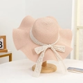 Pink straw sun hat with white lace bow and wide wavy brim for summer beach vacation - Solid Color Lace Pink