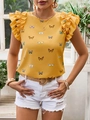 Women's yellow butterfly print top with ruffle sleeves and round neck for summer wear - S / Yellow