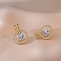 Elegant gold-plated round earrings with micro-pave cubic zirconia and center stone - Round Hollow Micro-Pave Style (E0496)