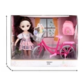 Fashion doll set with brown curly hair, pink checkered dress, bicycle, and school bag - 24cm Color Box Bicycle Doll
