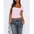 Close-up of pink short-sleeved top featuring a square neckline and ruched chest detail - S / Pink