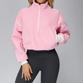 Pink stand collar fleece sports jacket for women with white contrast zipper and cuffs - S / Tops / Sakura Pink