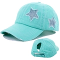 Mint green distressed ponytail baseball cap with silver sequin star and adjustable strap - Star Ponytail Baseball Cap / Light Green