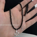 Minimalist beaded necklace with black beads and S925 silver flower pendant - Black Glass Bead Flower Necklace