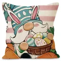 Easter gnome cushion cover with bunny ears and colorful eggs on pink striped linen - Easter Gnome Rabbit