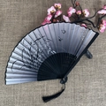 Classic folding fan with black orchid ink painting, butterfly motifs and dark silk tassel - No.13 Black Grey Ink Orchid