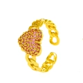 Adjustable golden Cuban chain ring featuring a heart set with pink and yellow stones - Gold Cuban Chain Heart Pink Zircon Style (X580)