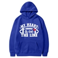 Navy blue fleece hoodie featuring 'MY HEART is on THE LINE' letter print and rugby graphics - Dark Blue-My Heart Is On The Line
