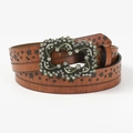Brown leather punk belt featuring star cutouts and a large rhinestone heart buckle - 120cm / Brown