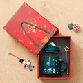 Mug natalizio in ceramica verde scuro con coperchio, cucchiaio a stella e scatola - Verde (Confezione regalo)