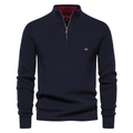 Detail of navy knit sweater with half-zip stand collar and red inner contrast lining - Navy Blue