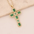 Collana a croce in oro 18 carati con gemma verde e zirconi incastonati su base di pietra - Verde