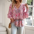 Pink bohemian floral long sleeve V-neck blouse with tie details and elastic cuffs - S / Pink