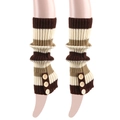 Detail of striped knit leg warmers with side buttons and ribbed cuffs for winter boots - One Size / Coffee Stripes