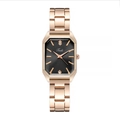 Detail shot of the rectangular black watch face with rose gold markers and steel band - Black