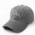 Detail view of washed dark grey baseball cap with white mountain embroidery - Adjustable / Gray
