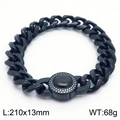 Men's black Cuban link bracelet with CNC rhinestone circular clasp, 210x13mm steel jewelry - Model D Black Rhinestone Buckle (KB169891-Z)