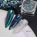 Holographic chameleon nail glitter flakes BS-01 showing multi-color effects on dark base - Chameleon Mirror Powder 01