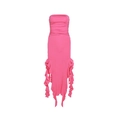 Detail view of pink ruched tube dress with layered ruffles and irregular hemline - Pink