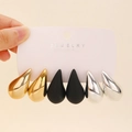 Three-pair waterdrop earring set in gold, silver, and matte black finishes for women - 3-Pair Teardrop Earrings Set / Gold + Matte Black + Silver (10886)