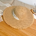 Natural straw sun hat with white lace ribbon and frayed brim for summer beach vacation - Khaki Fringed Lace