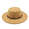 Close-up of ginger wool felt jazz hat featuring a multi-color braided rope band detail - M (56-58cm) / Camel