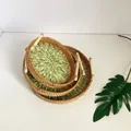 Three-piece nesting set of woven rattan trays with green leaf patterns and handles - Full Leaves / Three-Piece Set